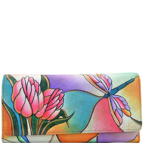 Anuschka style 1710, handpainted Multi Pocket Wallet. Dragonfly Glass Painting painting in Multi color. Featuring full length bill pockets, eight credit card pockets, four multi purpose pockets and zippered coin pocket.