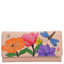 Load image into Gallery viewer, Anuschka style 1710, handpainted Organizer Wallet. Dragonfly Garden painting in Pink/Peach color. Featuring full length bill pockets, eight credit card pockets, four multi purpose pockets and zippered coin pocket.
