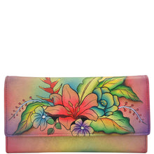 Load image into Gallery viewer, Anuschka style 1710, handpainted Multi Pocket Wallet. Tropical Bouquet painting in Multi color. Featuring full length bill pockets, eight credit card pockets, four multi purpose pockets and zippered coin pocket.

