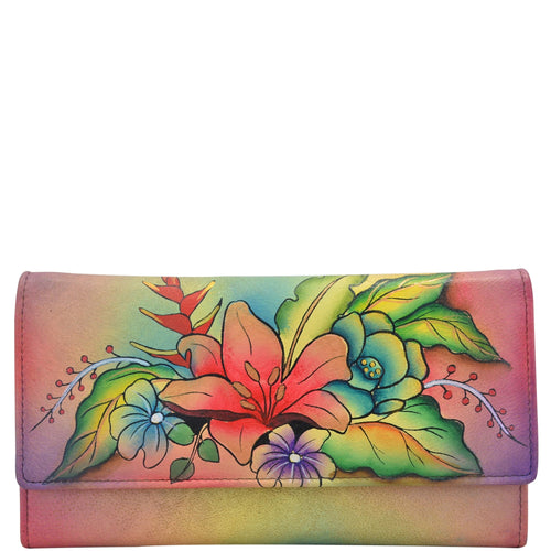 Anuschka style 1710, handpainted Multi Pocket Wallet. Tropical Bouquet painting in Multi color. Featuring full length bill pockets, eight credit card pockets, four multi purpose pockets and zippered coin pocket.