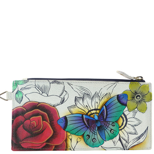 Anuschka style 1713, handpainted Organizer Wallet. Floral Paradise painting in White color. Featuring five credit cards holders and one ID window.