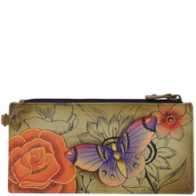 Load image into Gallery viewer, Anuschka style 1713, handpainted Organizer Wallet. Floral Paradise Tan painting in Tan color. Featuring five credit cards holders and one ID window.
