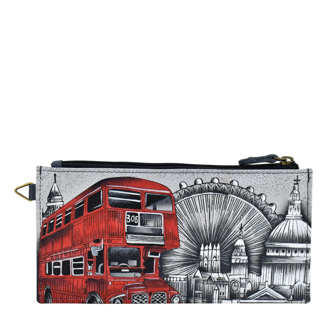 Anuschka style 1713, handpainted Organizer Wallet. Iconic London painting in Grey color. Featuring five credit cards holders and one ID window.