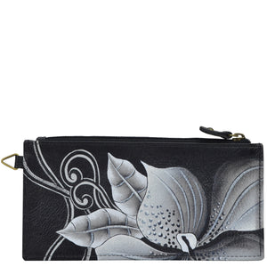 Anuschka style 1713, handpainted Organizer Wallet. Midnight Floral Black painting in Black color. Featuring five credit cards holders and one ID window.