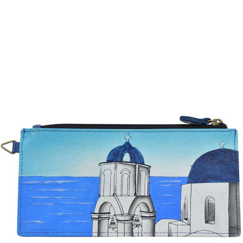 Anuschka style 1713, handpainted Organizer Wallet. Magical Greece painting in Blue color. Featuring five credit cards holders and one ID window.
