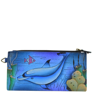 Anna by Anuschka style 1713, handpainted Organizer Wallet. Playful Dolphin painting in Blue color. Featuring five credit cards holders and one ID window.