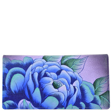 Load image into Gallery viewer, Anuschka style 1714, handpainted Clutch Wallet. Precious Peony Eggplant painting in Blue color. Featuring five credit card pockets and three ID window and rear zippered gusseted pocket.
