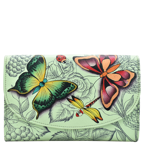 Anuschka style 1816, handpainted Ladies Tri Fold Wallet. Dreamy Wings Sage painting in Green/Mint color. Featuring one zippered compartment, two open bill compartment and thirteen card slots with one ID window.