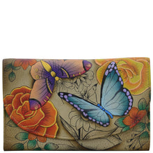 Load image into Gallery viewer, Anna by Anuschka style 1816, handpainted Ladies Tri Fold Wallet. Floral Paradise Tan painting in tan color. Featuring thirteen card slots with one ID window and checkbook holder.
