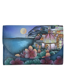 Load image into Gallery viewer, Anuschka style 1816, handpainted Ladies Tri Fold Wallet. Moonlit Amalfi painting in Blue color. Featuring one zippered compartment, two open bill compartment and thirteen card slots with one ID window.
