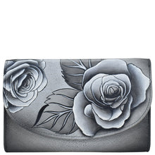 Load image into Gallery viewer, Anuschka style 1816, handpainted Ladies Tri Fold Wallet.Romantic Rose Black painting in Black color. Featuring one zippered compartment, two open bill compartment and thirteen card slots with one ID window.

