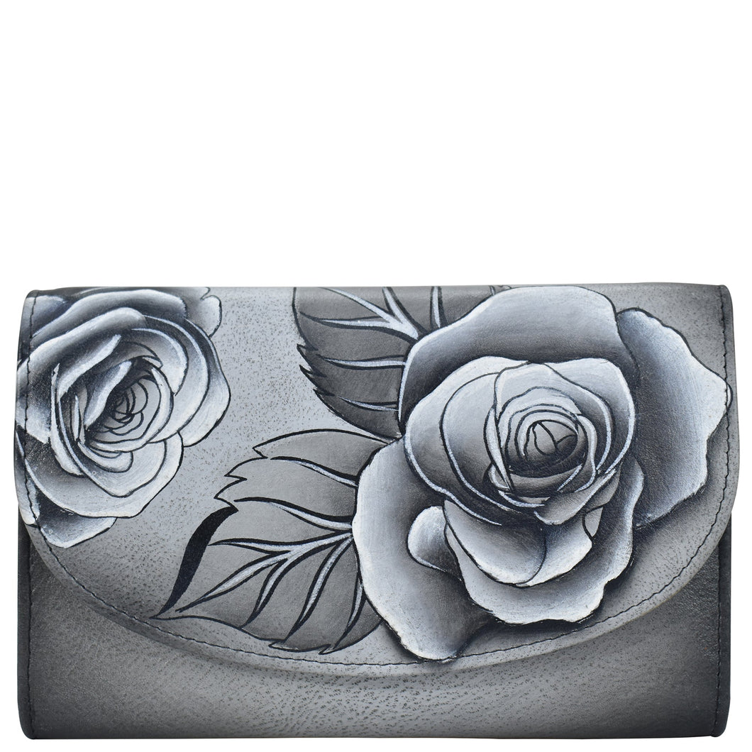 Anuschka style 1816, handpainted Ladies Tri Fold Wallet.Romantic Rose Black painting in Black color. Featuring one zippered compartment, two open bill compartment and thirteen card slots with one ID window.