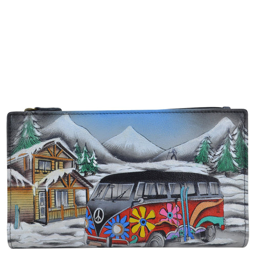Anna by Anuschka style 1822, handpainted Bi-Fold Snap Wallet. Apres Ski painted in Blue color. Featuring two slip in multipurpose pockets and eight card holders.