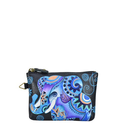 Anna by Anuschka style 1824, handpainted Coin Pouch. Blue Elephant painting in blue color. Featuring top zip entry to coin pouch.