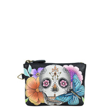 Load image into Gallery viewer, Anna by Anuschka style 1824, handpainted Coin Pouch. Day of the Dead painting in Black color. Featuring top zip entry to coin pouch.
