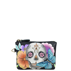 Anna by Anuschka style 1824, handpainted Coin Pouch. Day of the Dead painting in Black color. Featuring top zip entry to coin pouch.