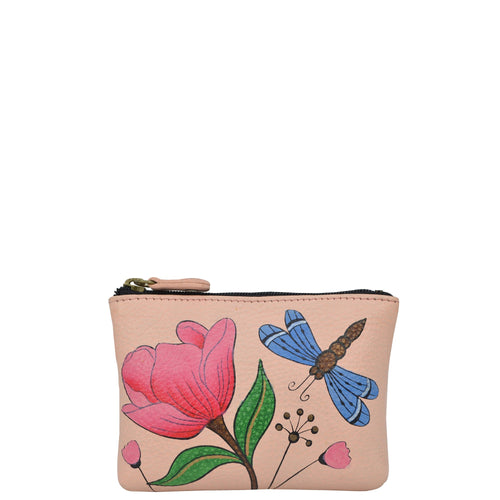 Anna by Anuschka style 1824, handpainted Coin Pouch. Dragonfly Garden painting in pink/peach color. Featuring top zip entry to coin pouch.
