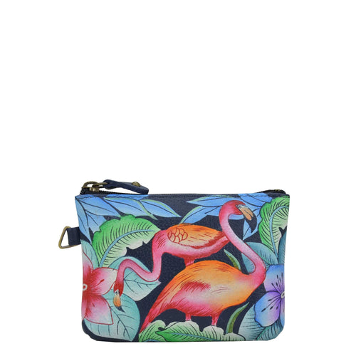 Anna by Anuschka style 1824, handpainted Coin Pouch. Flamingo Fever painting in multi color. Featuring top zip entry to coin pouch.