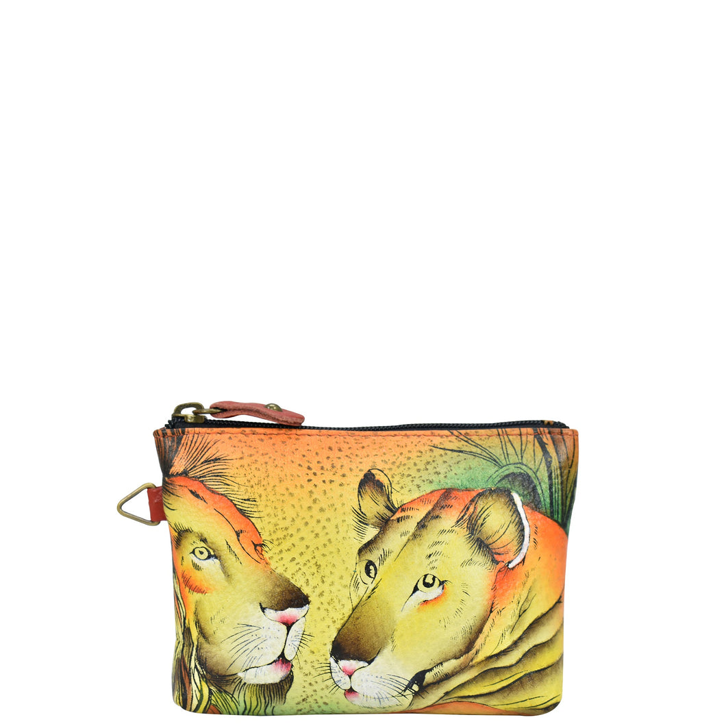 Anna by Anuschka style 1824, handpainted Coin Pouch. Lion In Love painting in yellow color. Featuring top zip entry to coin pouch.