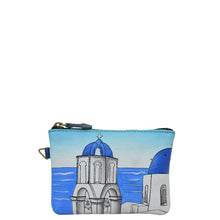 Load image into Gallery viewer, Anna by Anuschka style 1824, handpainted Coin Pouch. Magical Greece painting in blue color. Featuring top zip entry to coin pouch.
