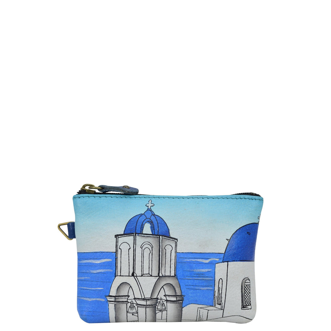 Anna by Anuschka style 1824, handpainted Coin Pouch. Magical Greece painting in blue color. Featuring top zip entry to coin pouch.