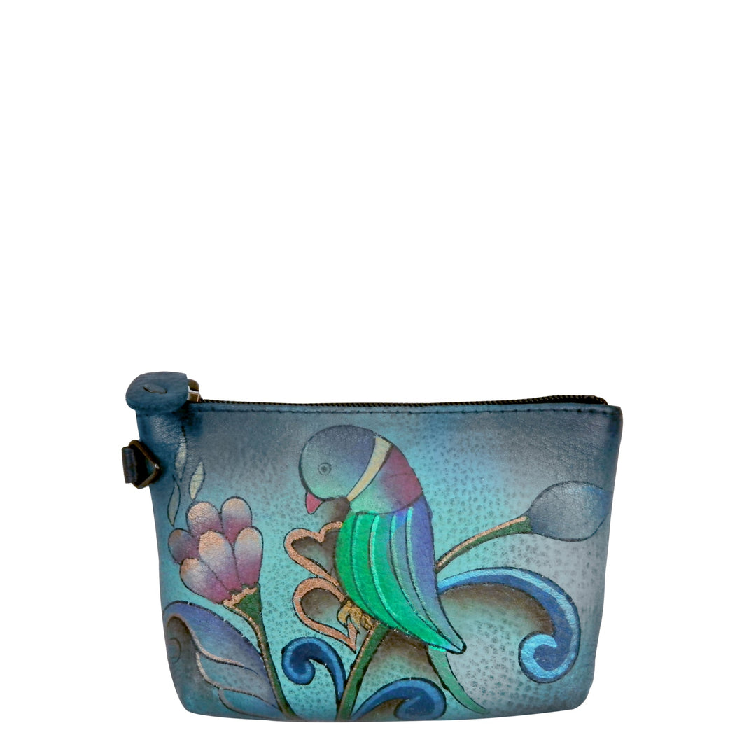Anna by Anuschka style 1824, handpainted Coin Pouch. Portuguese Parrot Denim painting in blue color. Featuring top zip entry to coin pouch.