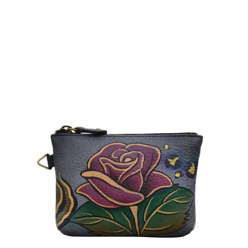 Anna by Anuschka style 1824, handpainted Coin Pouch. Rose Safari Grey painting in grey color. Featuring top zip entry to coin pouch.