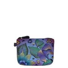Load image into Gallery viewer, Anna by Anuschka style 1824, handpainted Coin Pouch. Tropical Safari painting in blue color. Featuring top zip entry to coin pouch.
