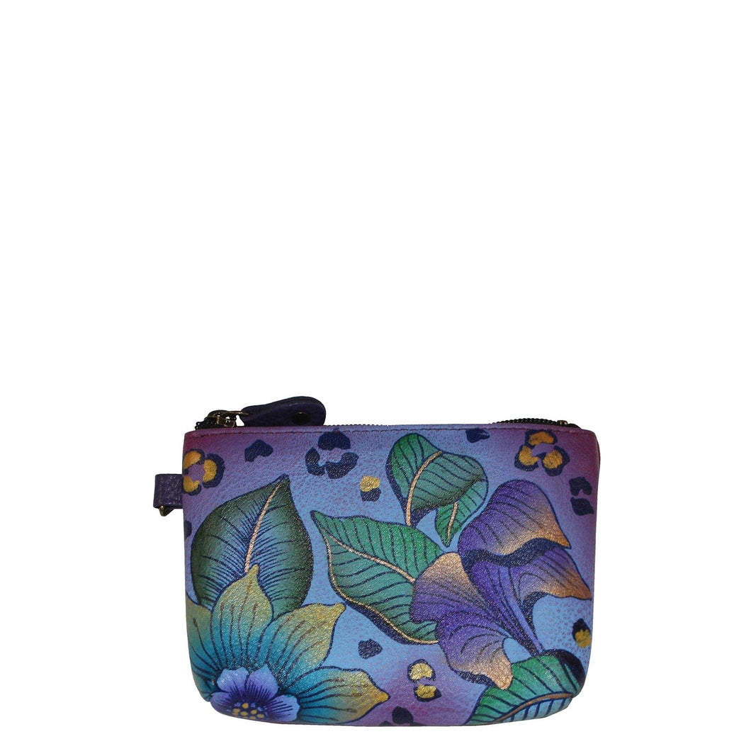 Anna by Anuschka style 1824, handpainted Coin Pouch. Tropical Safari painting in blue color. Featuring top zip entry to coin pouch.