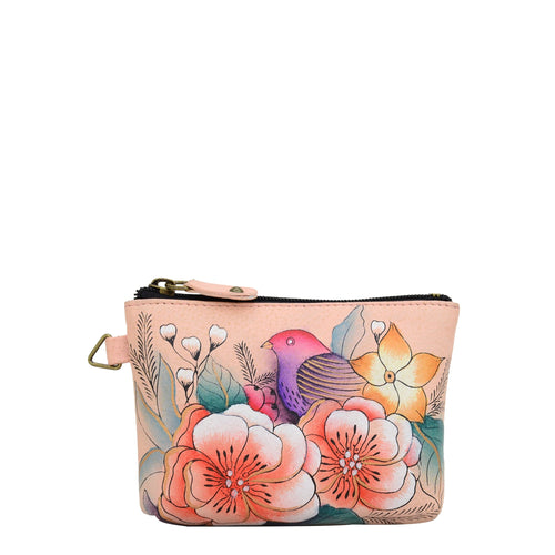 Anna by Anuschka style 1824, handpainted Coin Pouch. Vintage Garden painting in pink/peach color. Featuring top zip entry to coin pouch.