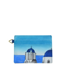 Load image into Gallery viewer, Anna by Anuschka style 1825, handpainted Credit Card Case. Magical Greece in blue color. Featuring two credit card pockets and an ID window.
