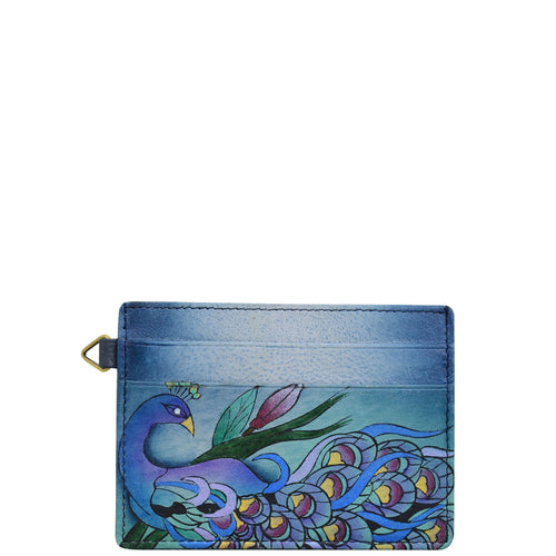 Anna by Anuschka style 1825, handpainted Credit Card Case. Midnight Peacock Grey painting in grey color. Featuring two credit card pockets and an ID window.