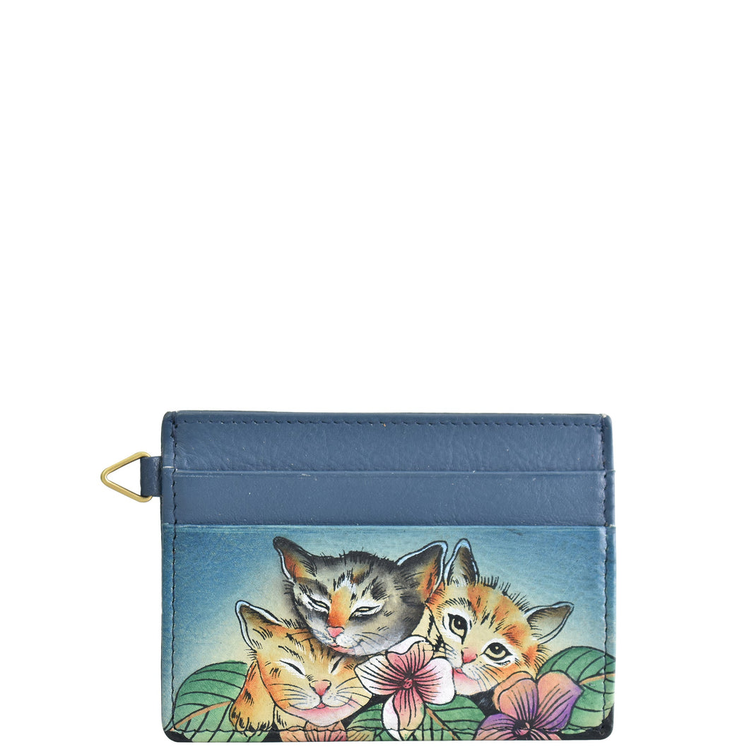 Anna by Anuschka style 1825, handpainted Credit Card Case. Three Kittens in blue color. Featuring two credit card pockets and an ID window.
