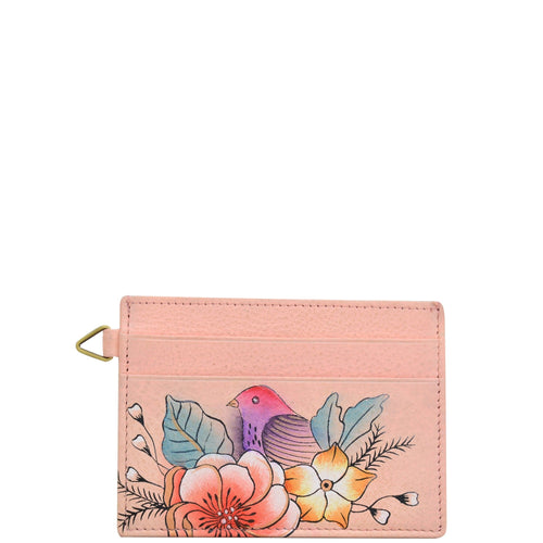 Anna by Anuschka style 1825, handpainted Credit Card Case. Vintage Garden painting in pink/peach color. Featuring two credit card pockets and an ID window.