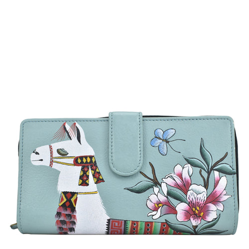 Anna by Anuschka style 1827, handpainted Two Fold Wallet. Llama Llama in grey color. Featuring Two multipurpose open pockets and 10 credit card holders, 2 ID window.