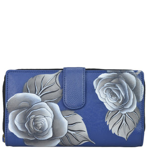 Anna by Anuschka style 1827, handpainted Two Fold Wallet. Romantic Rose Blue painting in Blue color. Featuring Two multipurpose open pockets and 10 credit card holders, 2 ID window.