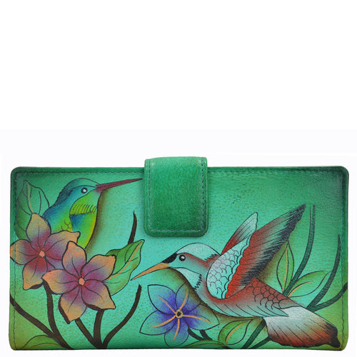 Anna by Anuschka style 1833, handpainted Two Fold Organizer Wallet. Birds in Paradise Green painting in green/mint color. Featuring built-in organizer with ten credit card holders.