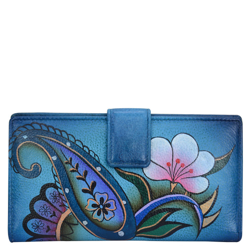 Anna by Anuschka style 1833, handpainted Two Fold Organizer Wallet. Denim Paisley Floral painting in blue color. Featuring built-in organizer with ten credit card holders.