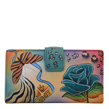 Load image into Gallery viewer, Anna by Anuschka style 1833, handpainted Two Fold Organizer Wallet. Rose Safari painting in multi color. Featuring built-in organizer with ten credit card holders.
