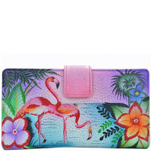 Load image into Gallery viewer, Anna by Anuschka style 1833, handpainted Two Fold Organizer Wallet. Tropical Flamingos painting in purple color. Featuring built-in organizer with ten credit card holders.
