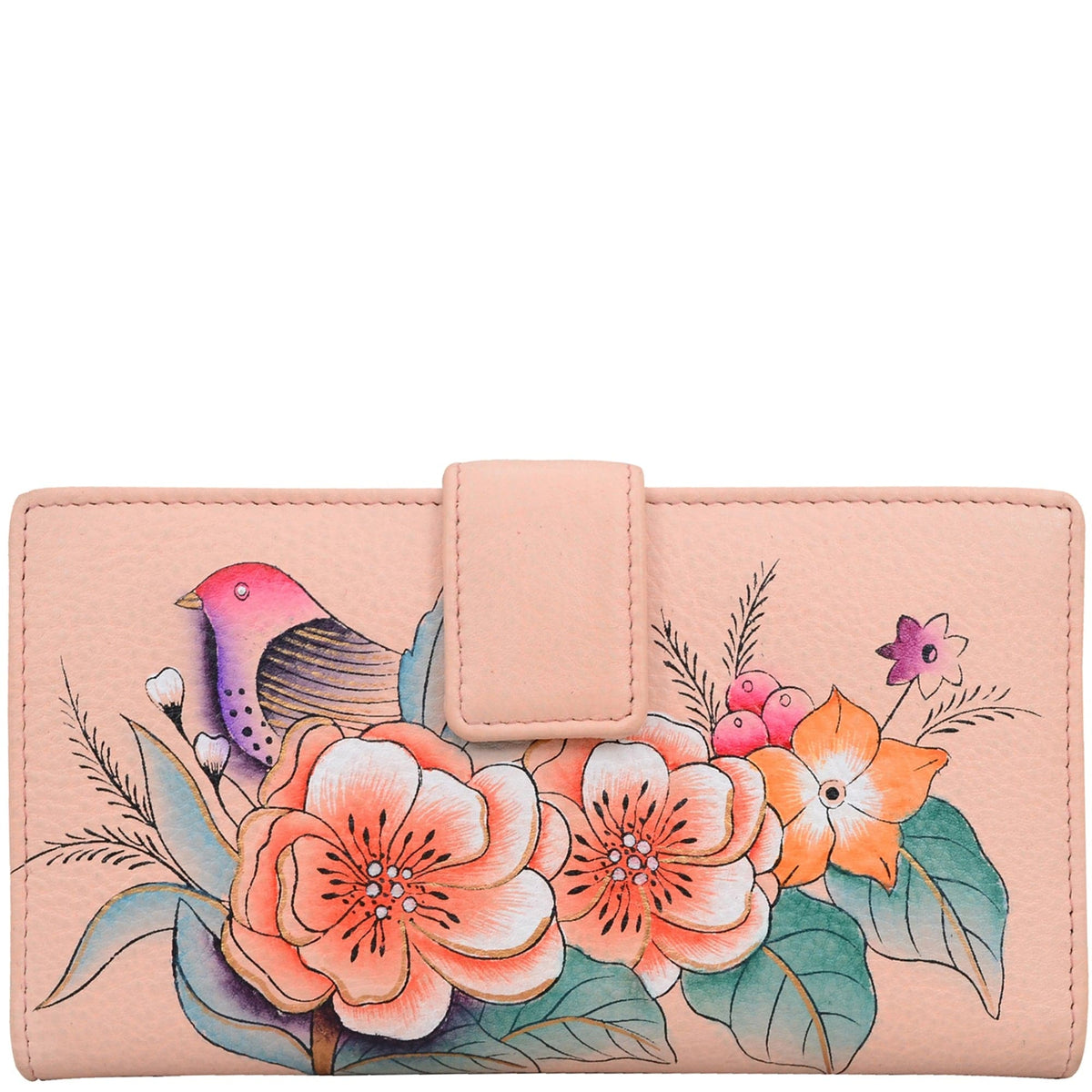 Anna by Anuschka style 1833, handpainted Two Fold Organizer Wallet. Vintage Garden painting in pink/peach color. Featuring built-in organizer with ten credit card holders.