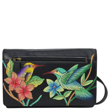 Load image into Gallery viewer, Anna by Anuschka style 1834, handpainted Organizer Wallet On A String. Birds in Paradise Black painting in black color. Featuring built-in organizer and removable strap also Fits phone.
