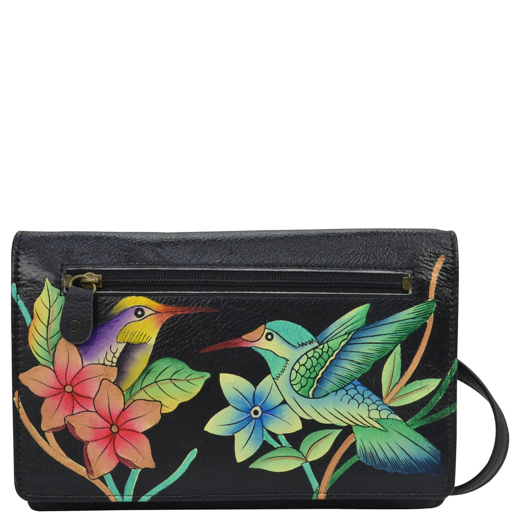 Anna by Anuschka style 1834, handpainted Organizer Wallet On A String. Birds in Paradise Black painting in black color. Featuring built-in organizer and removable strap also Fits phone.