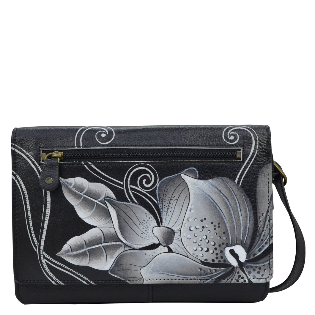 Anna by Anuschka style 1834, handpainted Organizer Wallet On A String. Midnight Floral Black painting in Black color. Featuring built-in organizer and removable strap also Fits phone.
