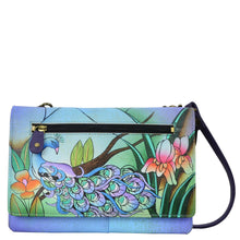 Load image into Gallery viewer, Anna by Anuschka style 1834, handpainted Organizer Wallet On A String. Midnight Peacock painting in blue color. Featuring built-in organizer and removable strap also Fits phone.
