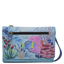 Load image into Gallery viewer, Anna by Anuschka style 1834, handpainted Organizer Wallet On A String. Treasures of the Reef painting in grey color. Featuring built-in organizer and removable strap also Fits phone.
