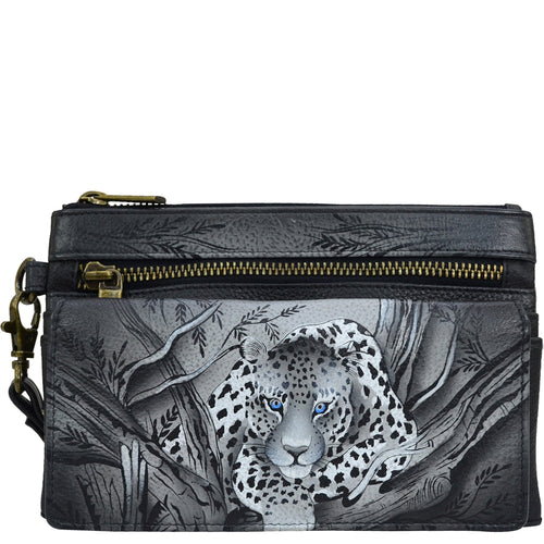 Anna by Anuschka style 1838, handpainted Wristlet Organizer Wallet. African Leopard painting in black color. Featuring built-in organizer and removable strap and credit card holders.