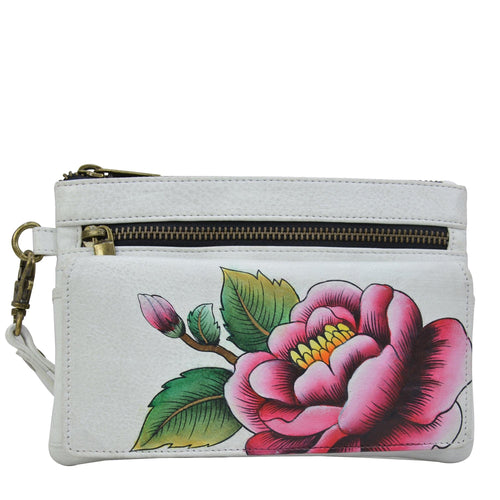 Anna by Anuschka style 1838, handpainted Wristlet Organizer Wallet. Peony-Ivory painting in white/ivory color. Featuring built-in organizer and removable strap and credit card holders.