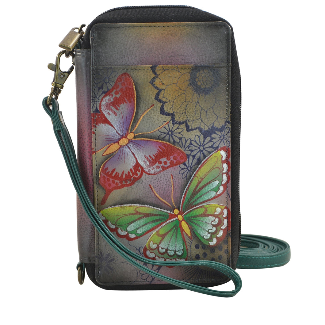 Anna by Anuschka style 1844, handpainted Smartphone Case & Wallet. Butterfly Paradise painting in grey color. Featuring removable strap and fits phone.