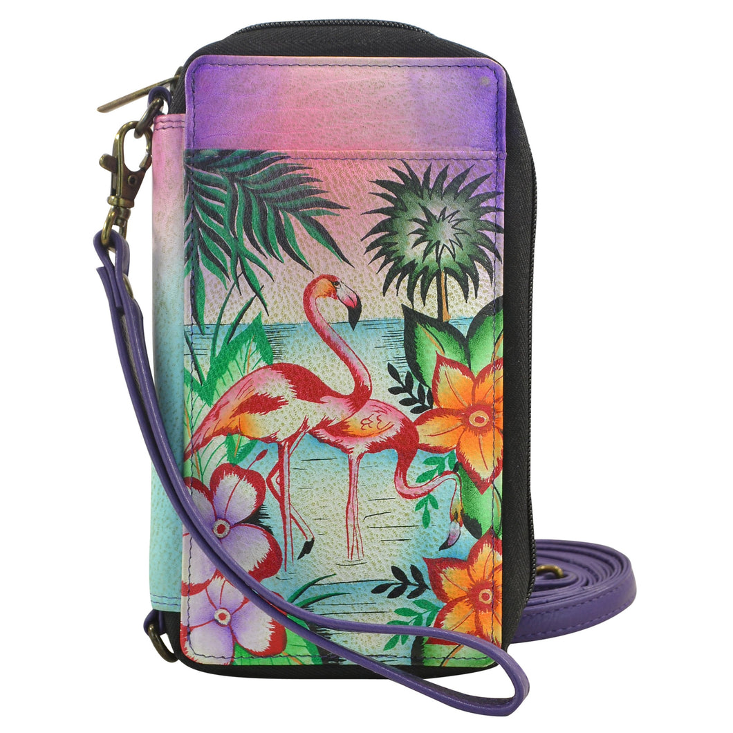 Anna by Anuschka style 1844, handpainted Smartphone Case & Wallet. Tropical Flamingos painting in purple color. Featuring removable strap and fits phone.
